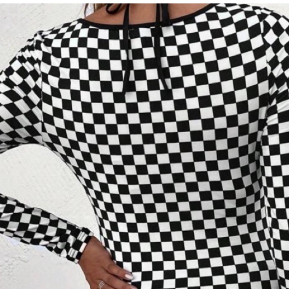 Cropped black white checkered top long sleeve tie neck womens long sleeve top - Picture 5 of 5